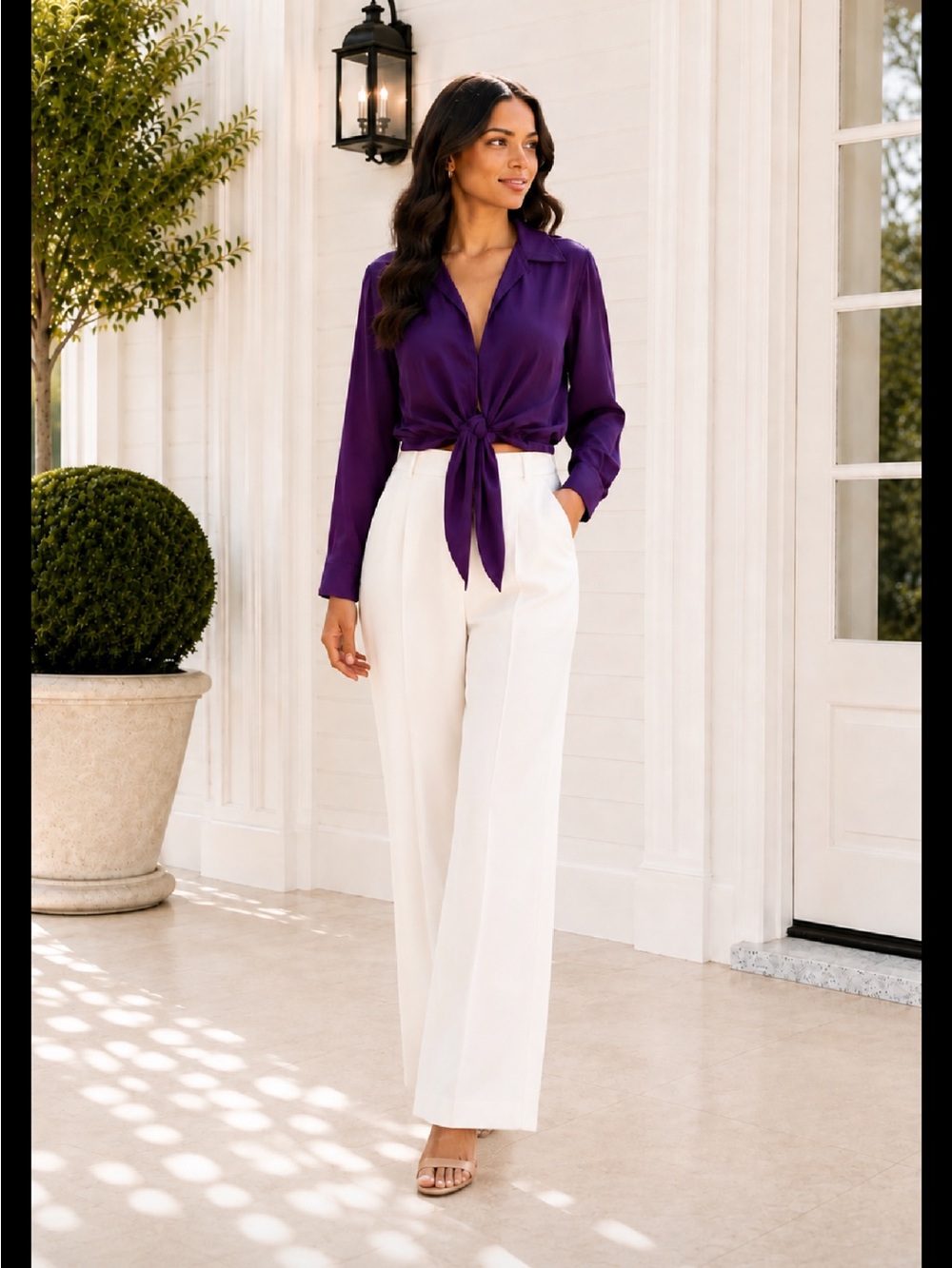 Le Superbe Satin Tie-Front Crop Blouse Purple Size M